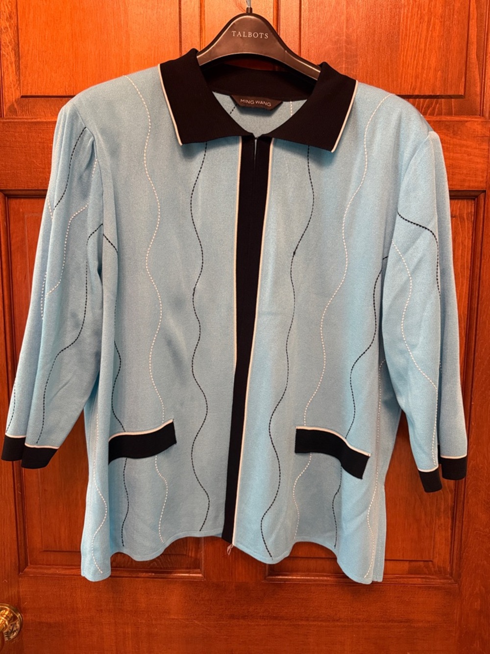Ming Wang Sky Blue Knit Jacket with Black Trim